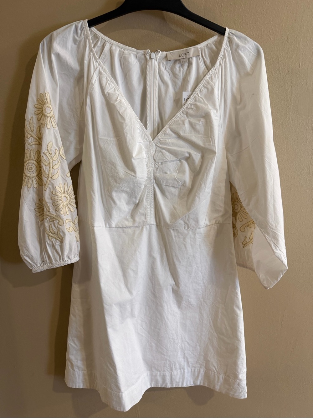 LOFT White Cotton Mini Dress with Gold Floral Embroidery